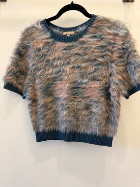 LillaP Fuzzy S/S Cropped Sweater in Teal and light pink size Medium PA3244